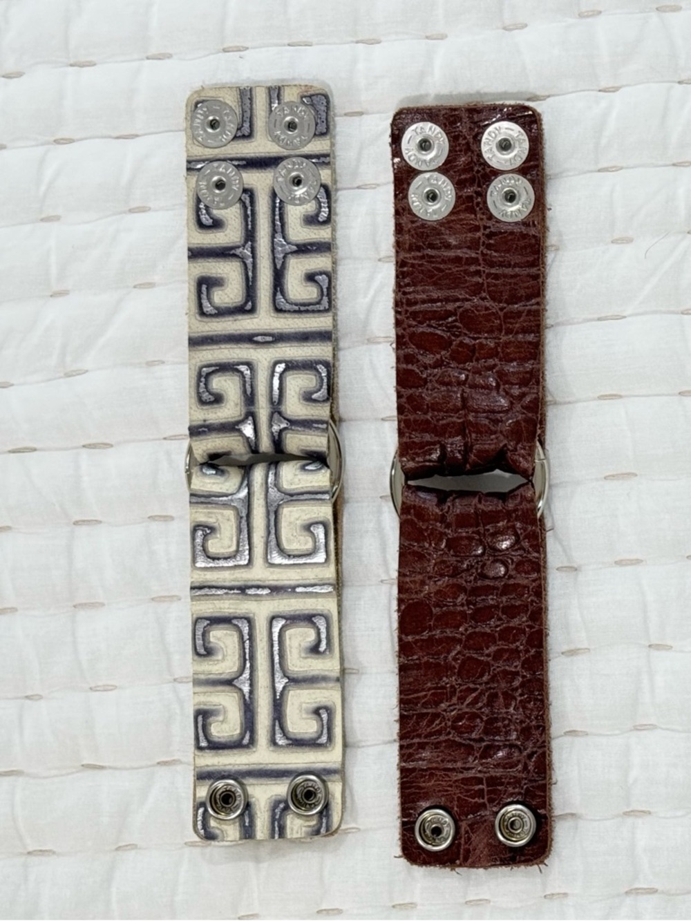 Keva Leather Snap Bracelet - Brown and Cream w/gray